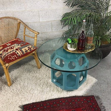 LOCAL PICKUP ONLY Vintage Rare Thomasville Furniture Coffee Table Retro 1970s Bohemian Blue Octagon End Table with Clear Glass Rounded Top 