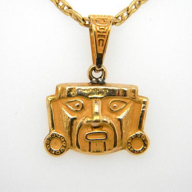 Vintage 18k Yellow Gold Aztec God Face Pendant Charm Necklace Etched 3.9g 