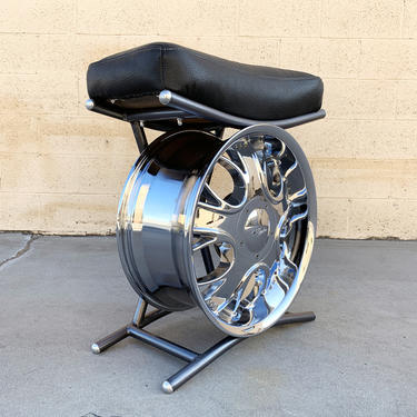 Vintage Custom Chrome and Leather Tire Rim Seat, Free U.S. Shipping