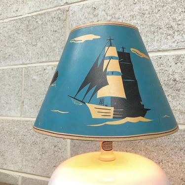 Vintage Lamp Shade Retro 1960s Nautical Themed Blue Lamp Shade + Sailboats + Whales + Ocean + Clouds + Sea Children's Room Decor Small Size 