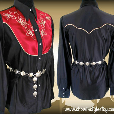 Rockmount Ranch Wear, Vintage Western Women's Cowgirl Shirt, Rodeo Queen Blouse, Embroidered Gold Designs, Approx. Small (see meas. photo) 