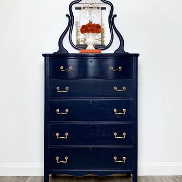 NEW - Vintage Navy Five Drawer Dresser with Swing Beveled Mirror 