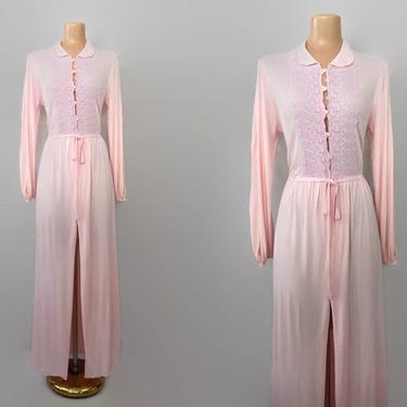 VINTAGE 40s Perfect Pink Rayon Long Elegant Dressing Gown | 1940s Carter's Celanese Peignoir Robe | Billowing Long Sleeves | Size M/L 