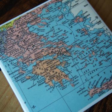 1951 Greece Vintage Map Coaster. Ceramic. Europe Travel Gift. Vintage Crete Map Athens. European Décor. Greek Isles Mediterranean Sea Aegean 
