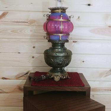 Antique 1892 Miller Oil/Electric Lamp Ornate Base and Stunning Pink Shade 
