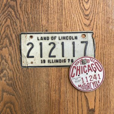 Vintage 1978 Illinois Motorcycle License Plate with Chicago Vehicle Tax Tag 