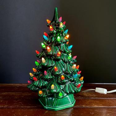 Vintage Ceramic Christmas Tree, 11 inch - 2 piece, Lighted, Multicolored Lights, Night Light, Lamp, Ornament, Decor, Decoration, Signed 