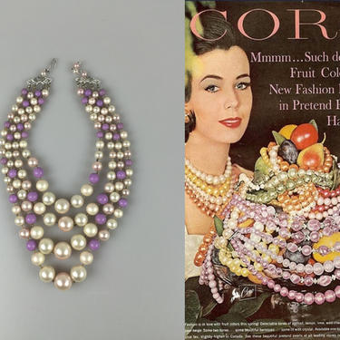 French Lavender Necks - Vintage 1950s 1960s Lilac Lavender 4 Strand Faux Pearl Bead Necklace 