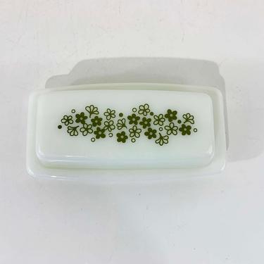 Vintage Pyrex Spring Blossom Butter Dish Green Flowers Leaves Glass Mid-Century Retro Made in USA Ovenware 