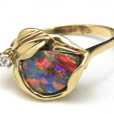 Vintage 14k Yellow Gold Black Opal &amp; Diamond Ring Lots of Fire Size 7.5 