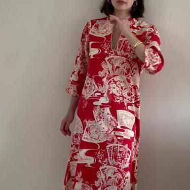 50s barkcloth maxi house dress / vintage red cotton butterfly print Asian souvenir handmade house lounge maxi dress | S 