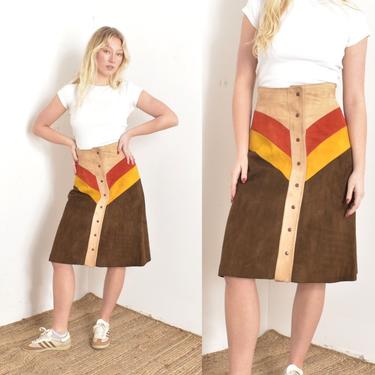 Vintage 1970s Skirt / 70s Chevron Suede Skirt / Orange Yellow Brown ( medium M ) 