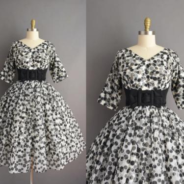 vintage 1950s dress | Gorgeous Black Polka Dot Bridesmaid Full Skirt Cocktail Party Dress | Medium | 50s vintage dress 