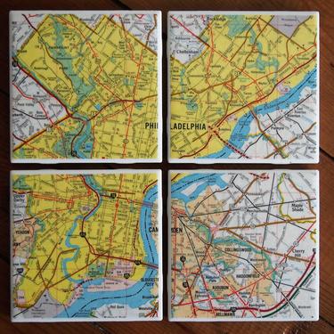 1973 Philadelphia Pennsylvania Vintage Map Coasters Set of 4 - Ceramic Tile - Repurposed 1970s Shell Road Map - Handmade - Philly 