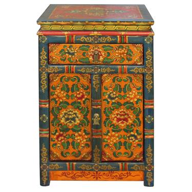 Tibetan Oriental Teal Blue Yellow Orange Floral End Table Nightstand cs4580S
