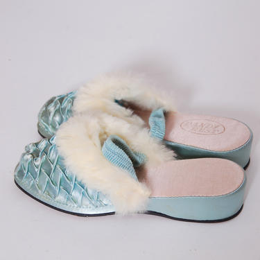 Vintage satin and rabbit fur slippers / blue satin slippers / lounging shoes / 1940s women's slippers / pin up wedge slippers size 5 
