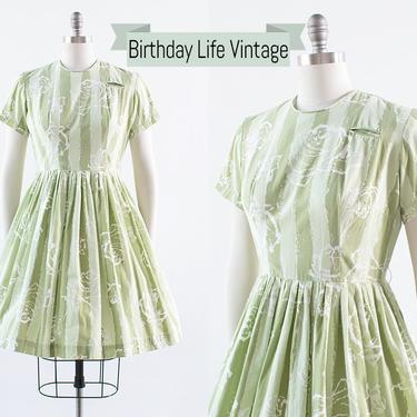Vintage 1950s Dress | 50s Rose Floral Striped Cotton Green Full Skirt Day Dress (medium) 