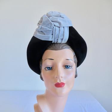 Vintage 1940's Black and Blue Turban Style Hat Felt Velvet Laddie Northridge WW2 Era 40's Millinery 