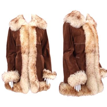 70s PENNY LANE brown suede &amp; shearling trim coat L / vintage 1970s almost famous COAT fur jacket Large 