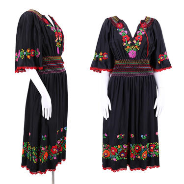 vintage HUNGARIAN embroidered peasant dress L / 70s black acetate hand embroidered smocked traditional costume 
