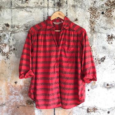 1970s Fench Connection Indian Blockprint Red Buttondown Printed Shirt Blouse S 