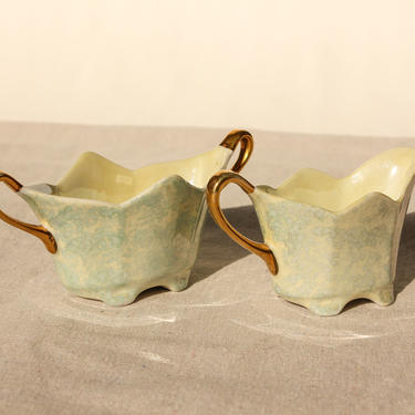Antique 30s Meito China Hand Painted Pearlescent Sage Green Sugar and Creamer Dish Set | Made in Japan | 1930s Porcelain Handmade Tableware 