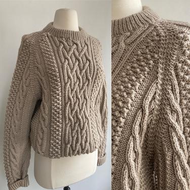 Vintage 80's CHUNKY Hand Knit FISHERMAN  Sweater / Cool Neutral Taupe Color 