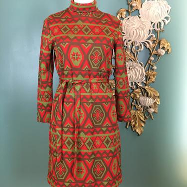 1960s m dress, vintage sheath dress, red and olive green, medium, graff californiawear, geometric print dress, polyester knit, long sleeve 
