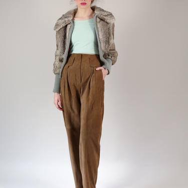 Vtg 80s Brown Suede Pleated High Rise Pants / Gingette Suede High Waisted Minimalist Trousers / Small 