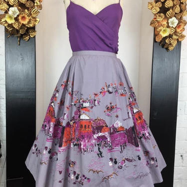 Novelty print skirt, vintage 90s skirt, Bernardo skirt, Millworth Casbah reproduction, size large, purple cotton skirt, 31/32 waist 