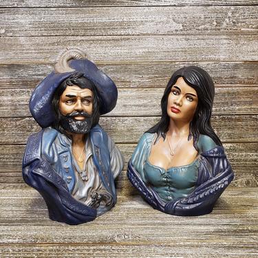 1970s Vintge Pirate & Wench Bust, Ceramic Holland Mold Head Busts, Man and Woman Heads, Swashbuckler, Buccaneer, Vintage Nautical Home Decor 