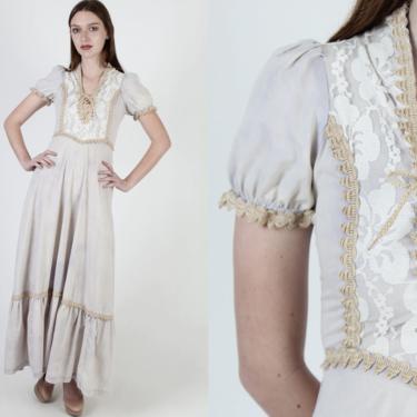 Lace Up Corset Maxi Dress / Renaissance Faire Style Clothing / Vintage 70s Prairie Wedding / Jute Trim Homespun Porch Dress 