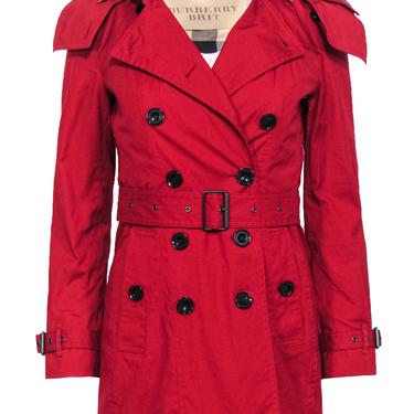 Burberry Brit - Red Double Breasted Hooded Trench Coat w/ Removable Lining Sz 2