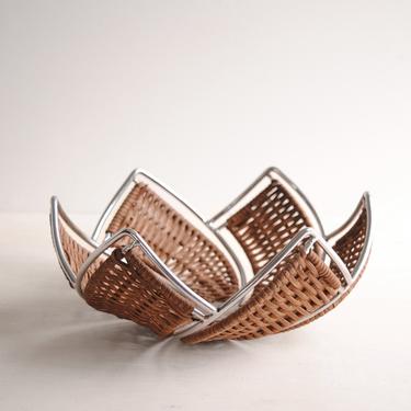 Vintage Rattan and Chrome Bowl, Flower Shaped Basket Bowl, Mid Century Wicker Bowl 