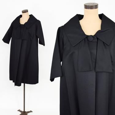 1950s Black Silk Evening Coat | 50s Black Shantung Silk Evening Coat | Maurice Chambers London | Medium 