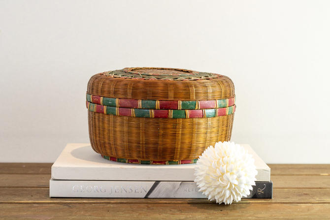 Handmade Basket with Lid with Red Yellow and Green Detail