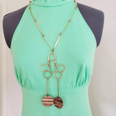 1970s Chunky Gold and Wood Pendant Necklace / Boho Hippie Glam Costume Jewelry / Sadie 