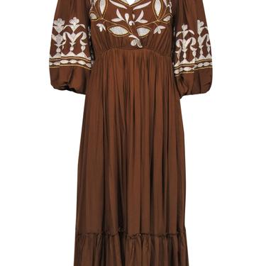 Let Me Be by Anthropologie - Brown Balloon Sleeve Embroidered Maxi Dress Sz S