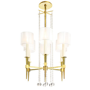 Tommi Parzinger 6 Arm Chandelier in Brass with Crystal Beads 1950s