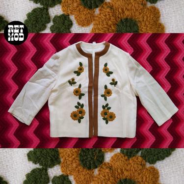 Precious Vintage 60s 70s Cream Cardigan with Green and Brown Floral Embroidery 