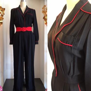 1980s jumpsuit, black rayon jumpsuit, vintage jumpsuit, black and red, 80s pantsuit, 1940s style jumpsuit, medium 