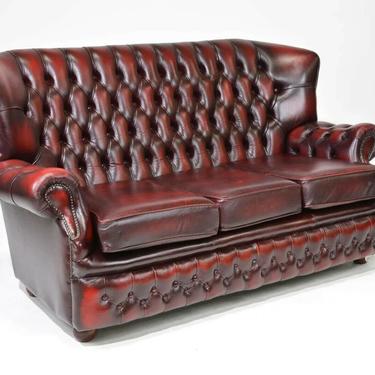 Sofa, Red Leather, Chesterfield, British, High Back, Tufted, Seating, Beautiful!