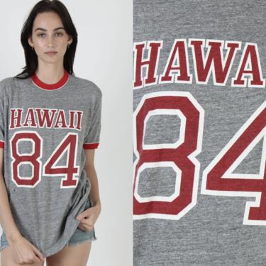 1984 Tri Blend Hawaii T Shirt / Heather Grey Sportswear Brand Shirt / Hawaiian Tourist Surfer T Shirt / 1980s  Beach Surf Rayon Tee Large L 