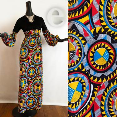 Vintage 70s MOD Maxi Dress • Groovy Psychedelic African Print •  Hippie Boho Ethnic Tribal • Black Multi Balloon Sleeve Empire Waist •  SM 