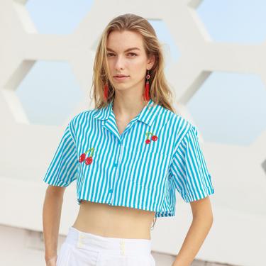 80s Blue Striped Cherry Hand Embroidered Crop Top Vintage Reworked Blouse 
