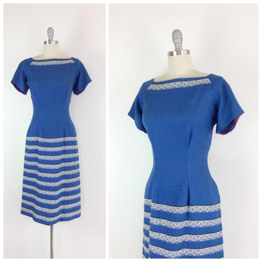 50 DOLLAR SALE /// 50s Blue Wool Wiggle Dress / 1950s Vintage Hour Glass Dress / Medium / Size 8 