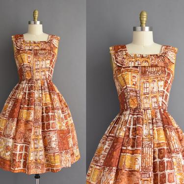 1950s vintage dress | Gorgeous Orange Silk Print Sweeping Full Skirt Summer Dress | Small Medium | 50s dress 