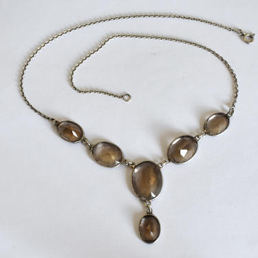 Vintage 925 silver purplish grey spinel Gothic Y bib, handcrafted sterling faceted gemstones simple edgy statement necklace 