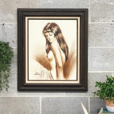 Vintage Nude Painting 1970s Retro Size 27x23 Bohemian + Womans Portrait + Nudity + Acrylic on Canvas + Brown Wood Frame + Home + Wall Decor 