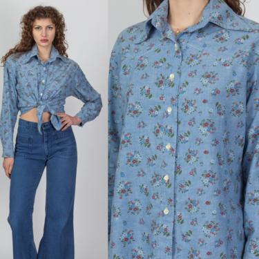 70s Bouquet Floral Chambray Shirt - Large | Vintage Boho Blue Button Up Collared Top 